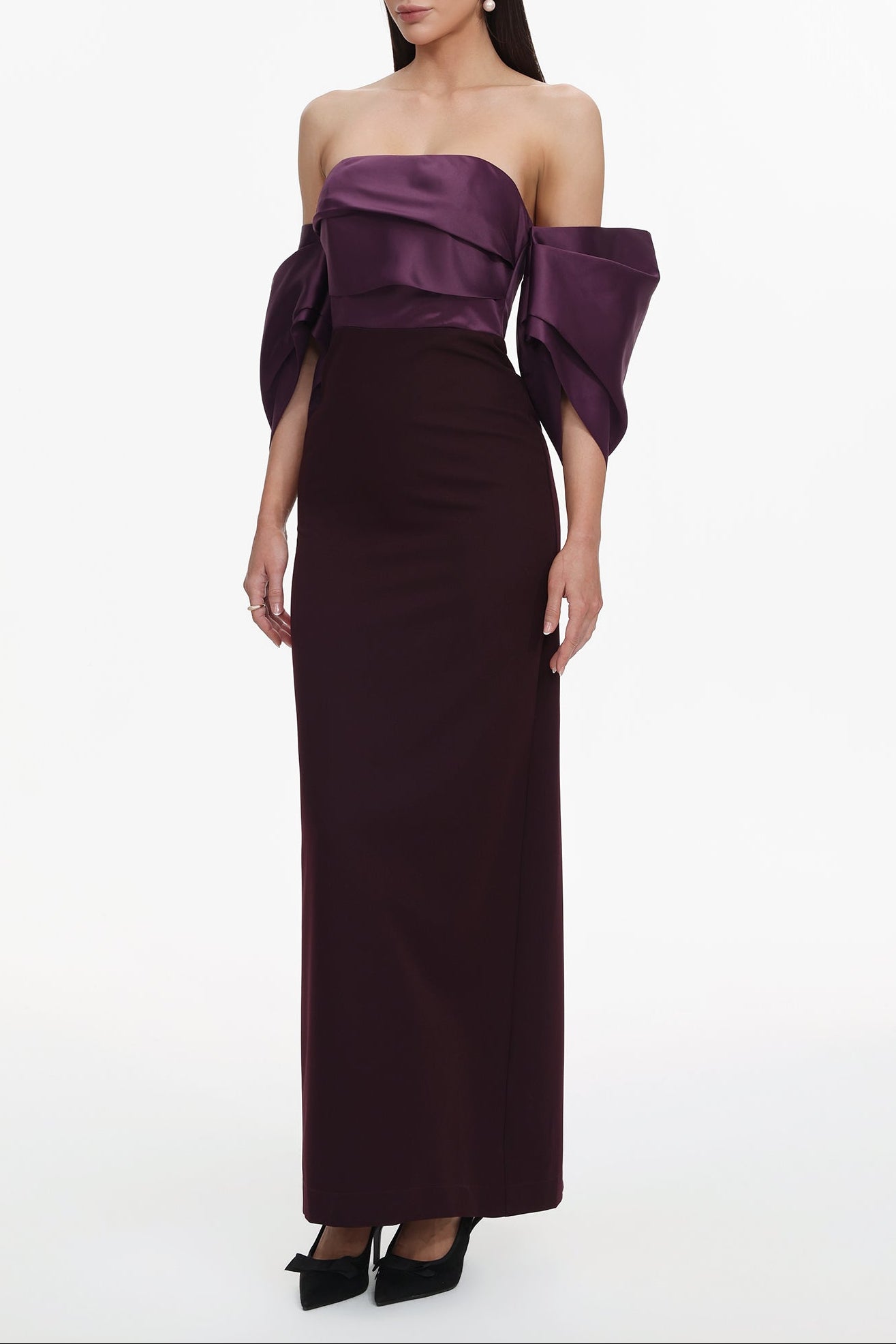 Off Shoulder Satin Maxi Dress