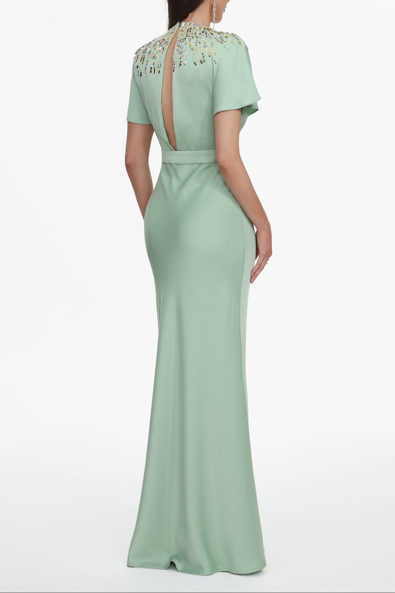 Short Sleeve Crystal Embellished Satin Maxi Dress