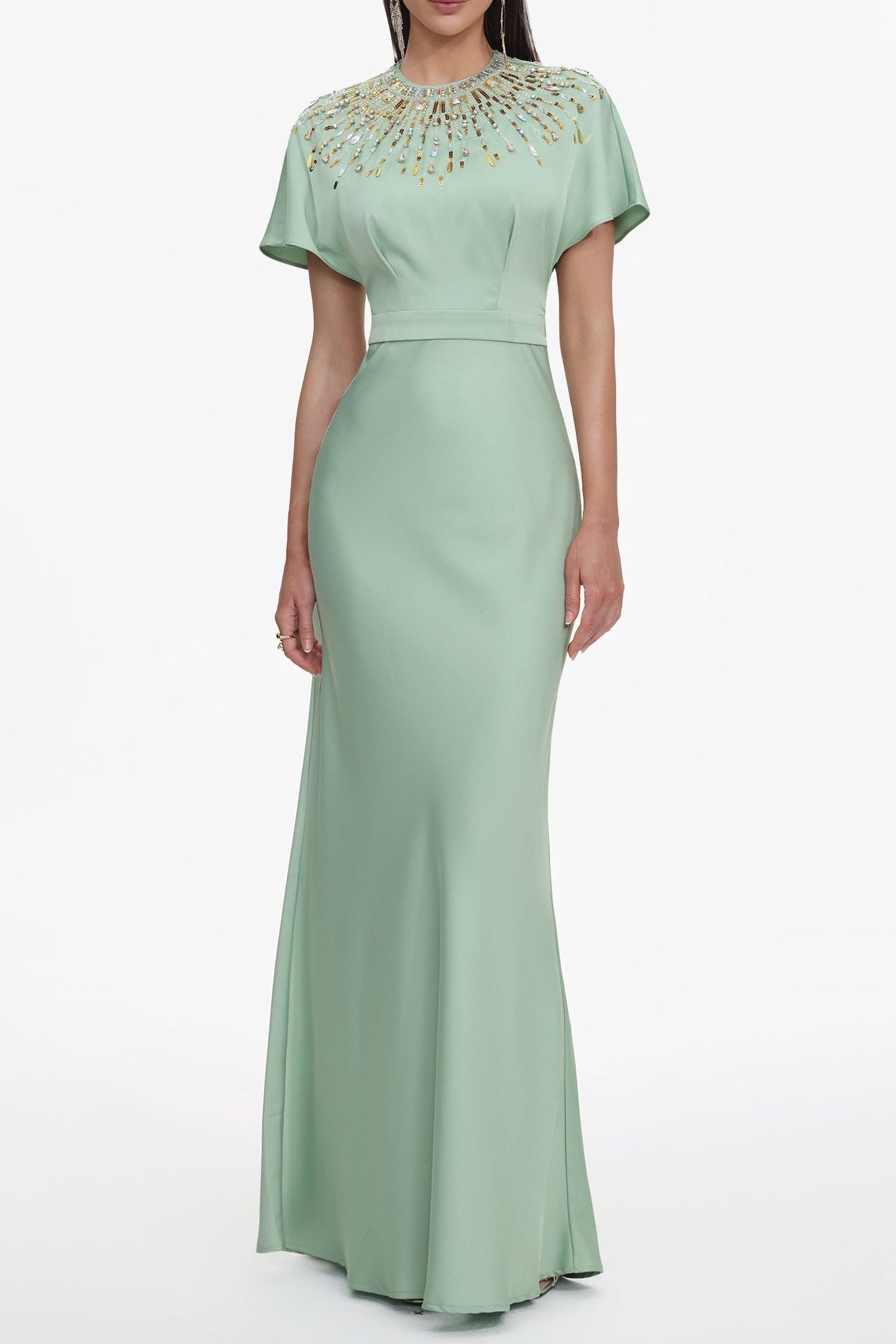 Short Sleeve Crystal Embellished Satin Maxi Dress