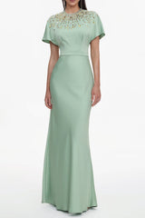 Short Sleeve Crystal Embellished Satin Maxi Dress