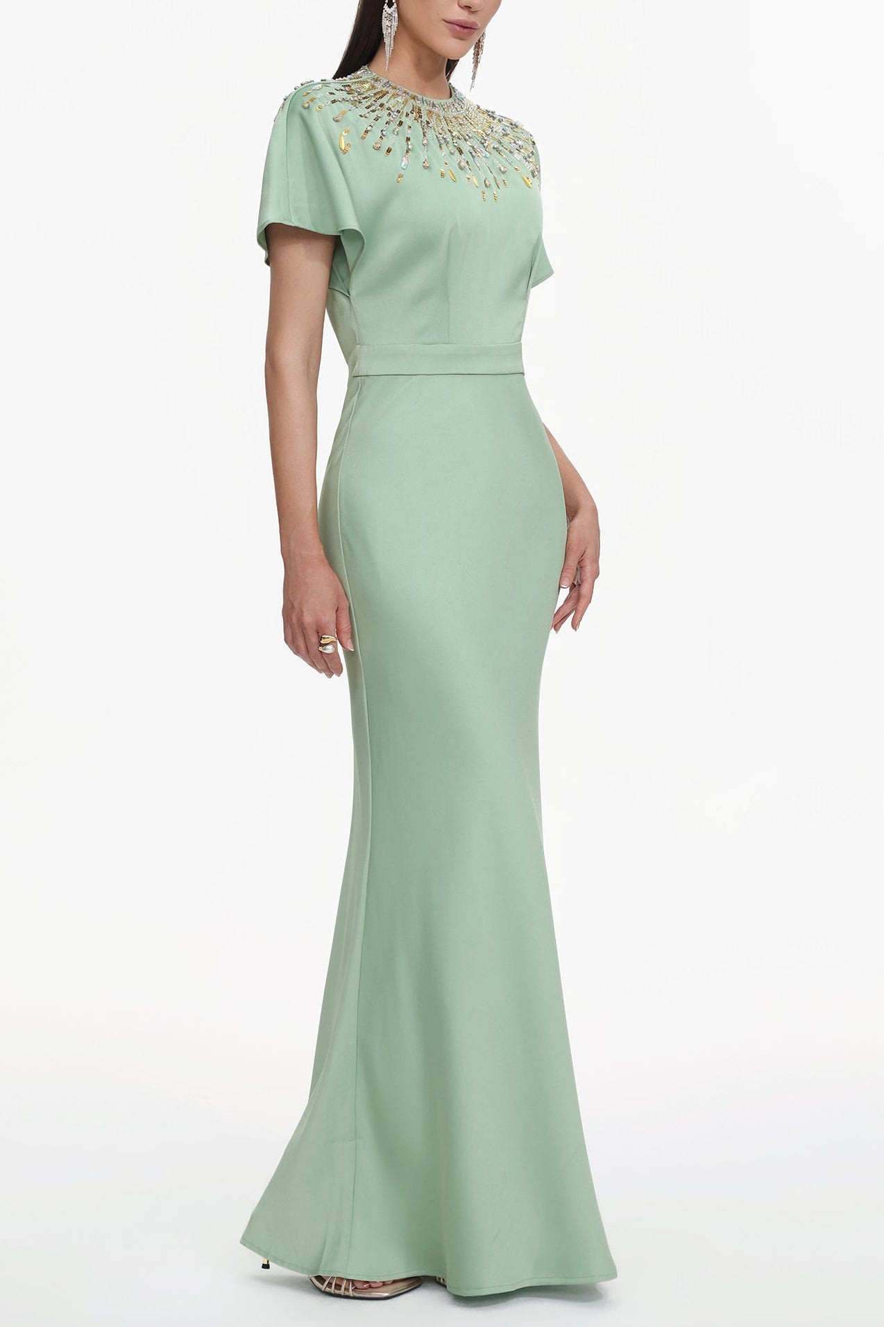 Short Sleeve Crystal Embellished Satin Maxi Dress