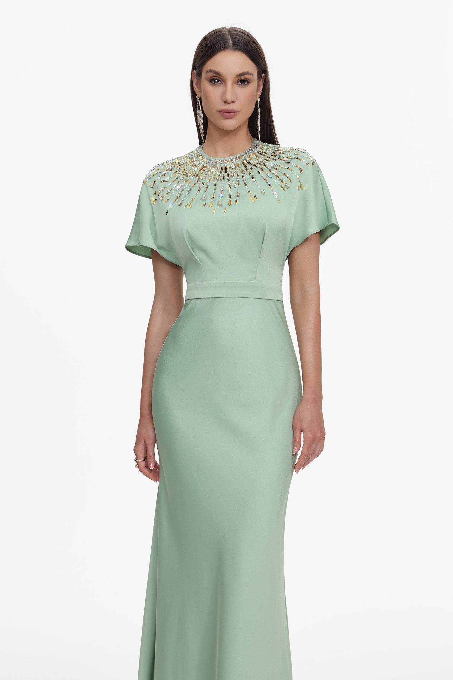 Short Sleeve Crystal Embellished Satin Maxi Dress