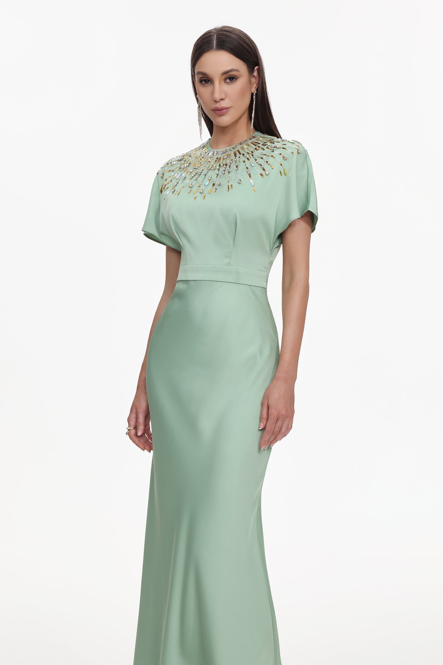 Short Sleeve Crystal Embellished Satin Maxi Dress