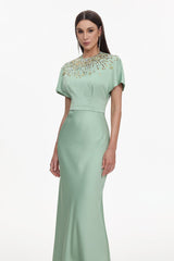 Short Sleeve Crystal Embellished Satin Maxi Dress