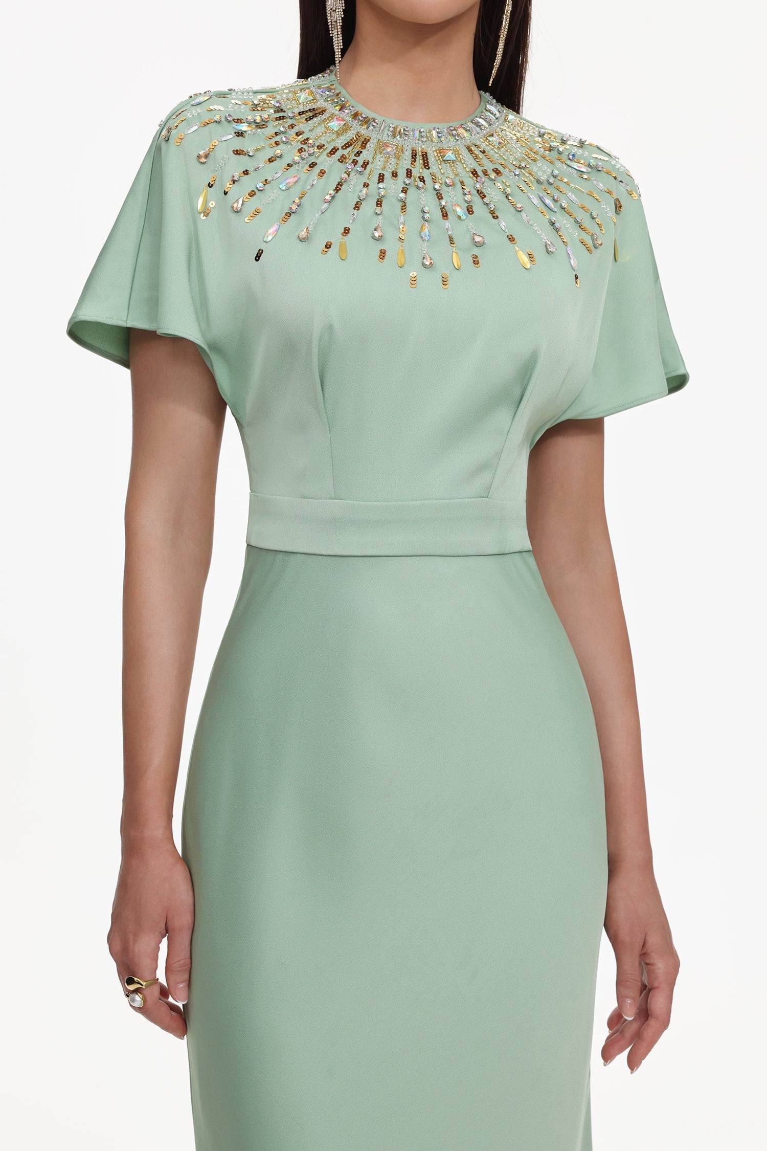 Short Sleeve Crystal Embellished Satin Maxi Dress
