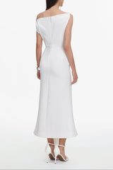 Oblique Shoulder Sleeveless Folds Midi Dress