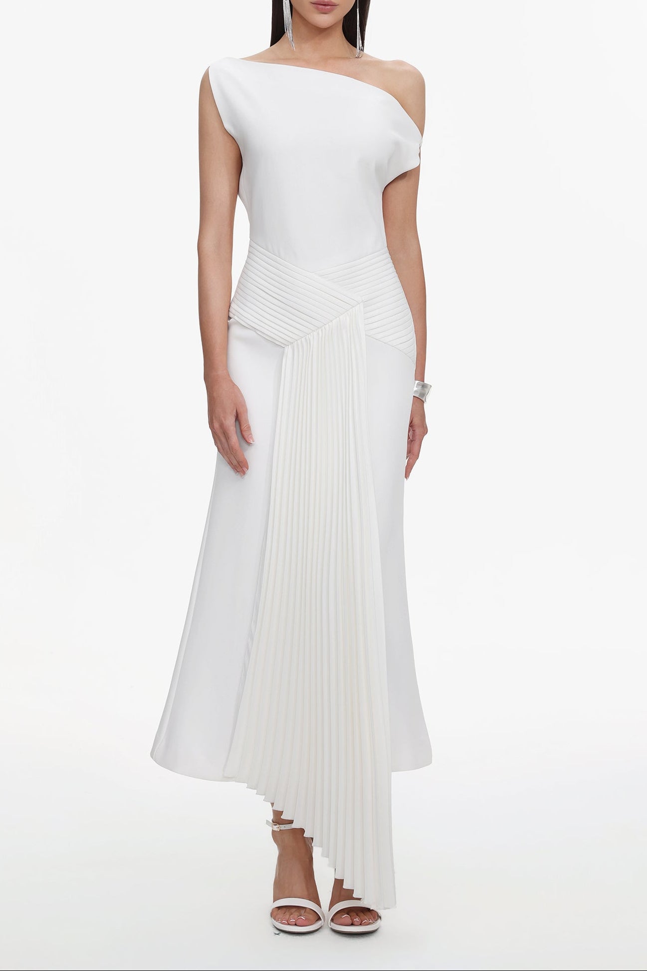 Oblique Shoulder Sleeveless Folds Midi Dress