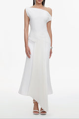 Oblique Shoulder Sleeveless Folds Midi Dress