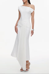 Oblique Shoulder Sleeveless Folds Midi Dress