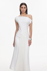 Oblique Shoulder Sleeveless Folds Midi Dress