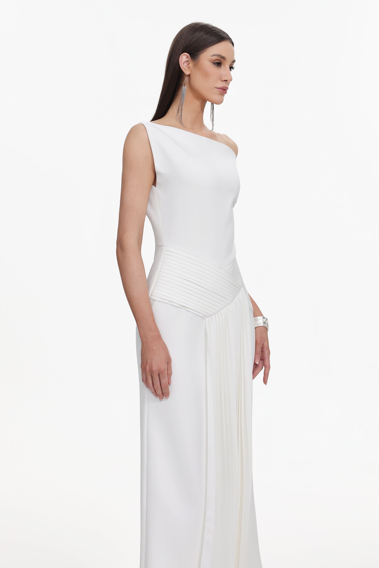 Oblique Shoulder Sleeveless Folds Midi Dress