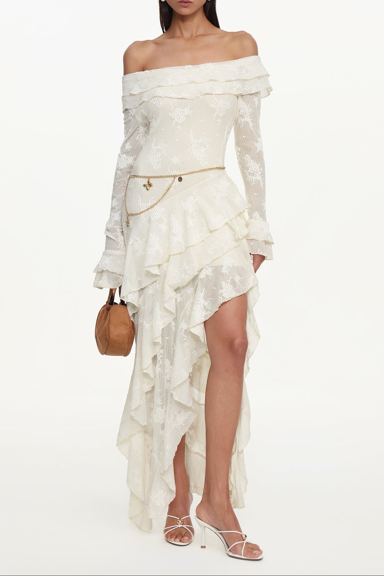 One Shoulder Long Sleeve Ruffle Knit Maxi Dress