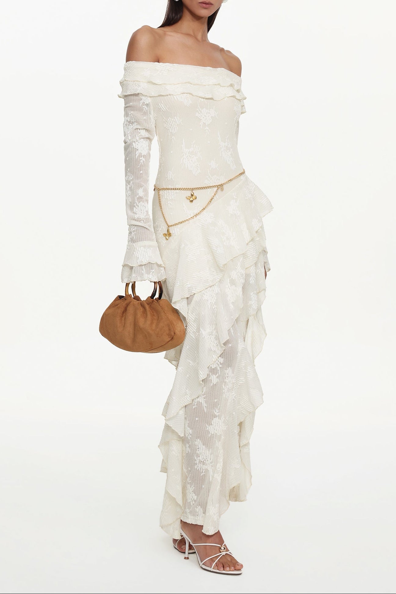 One Shoulder Long Sleeve Ruffle Knit Maxi Dress