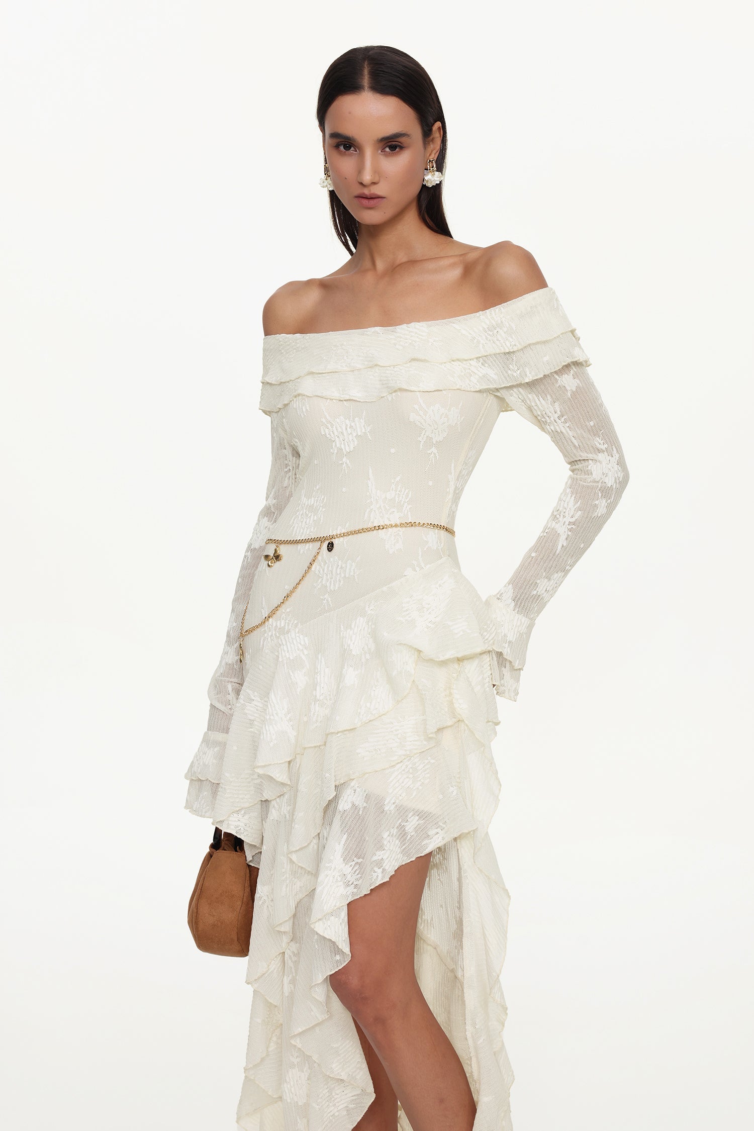 One Shoulder Long Sleeve Ruffle Knit Maxi Dress