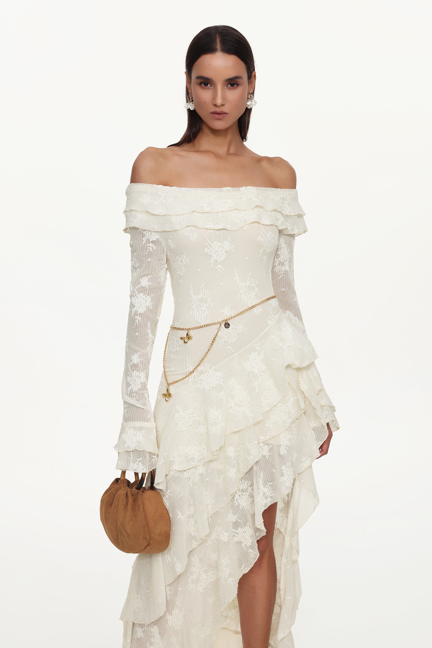 One Shoulder Long Sleeve Ruffle Knit Maxi Dress