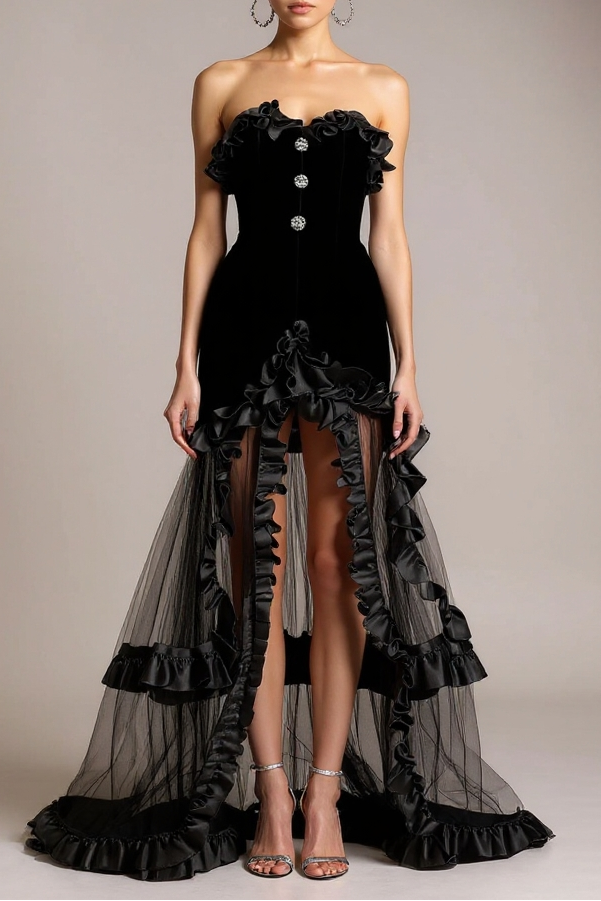 Ruffle Mesh Maxi Dress