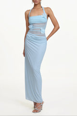 Blue Halter Ruched Floral Maxi Dress