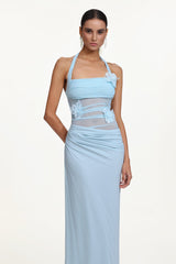 Blue Halter Ruched Floral Maxi Dress