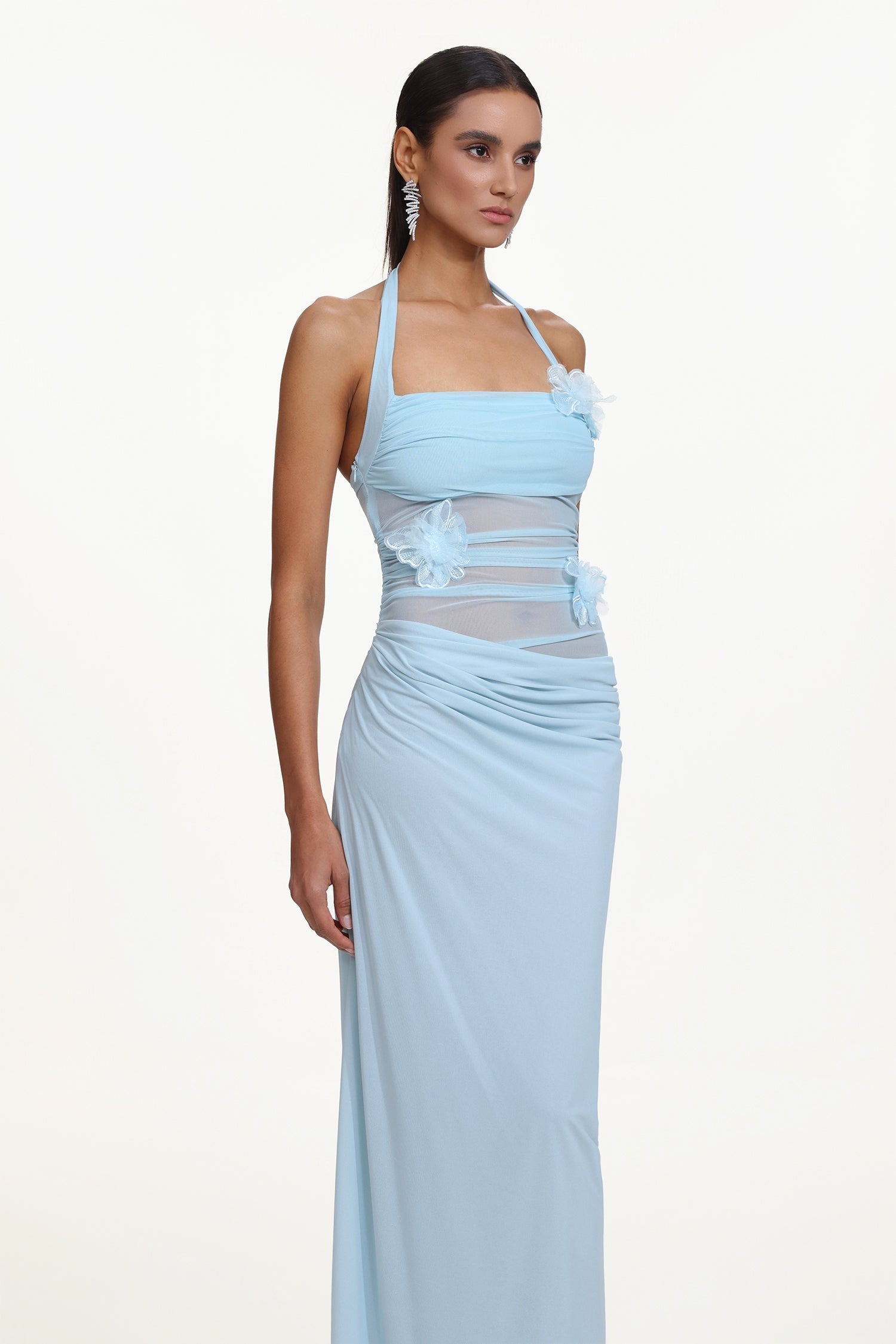 Blue Halter Ruched Floral Maxi Dress