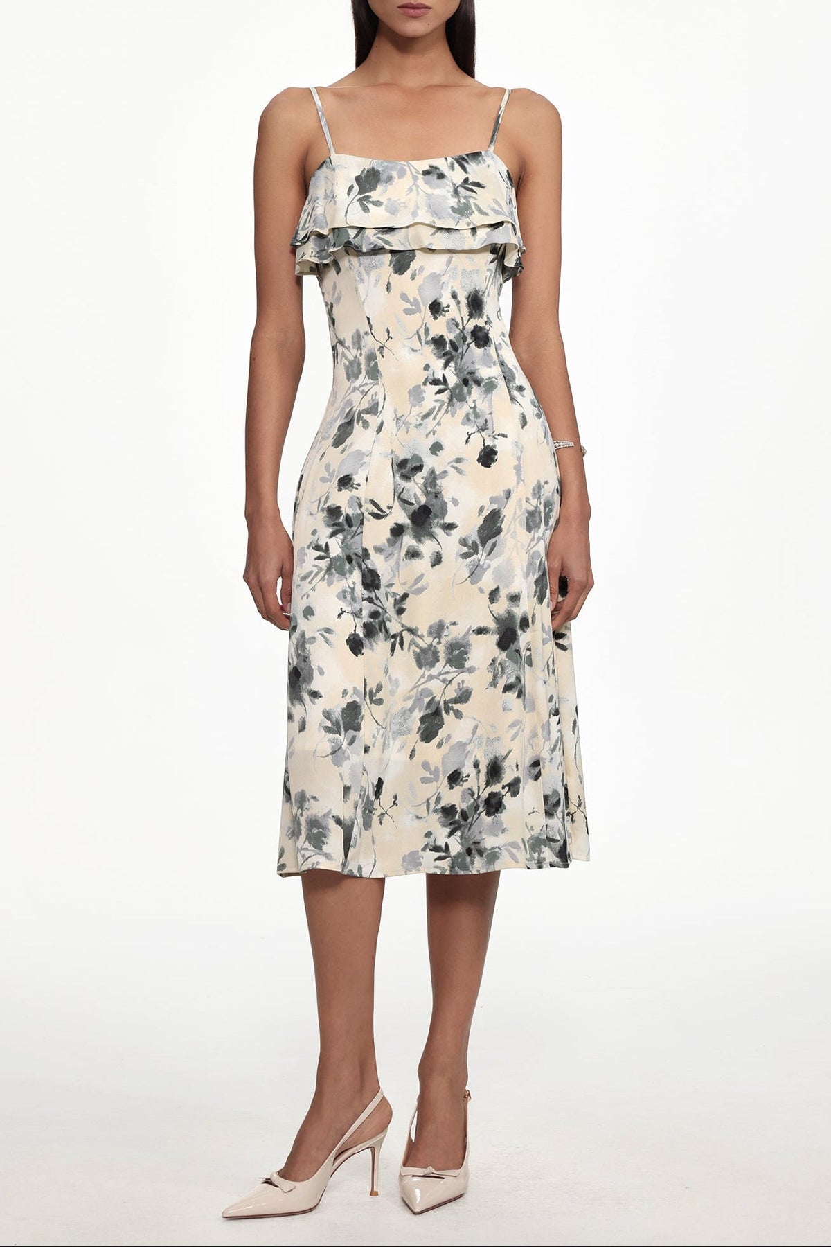 Cinched Waist Sleeveless Ruffle Floral Print Woven Midi Dress
