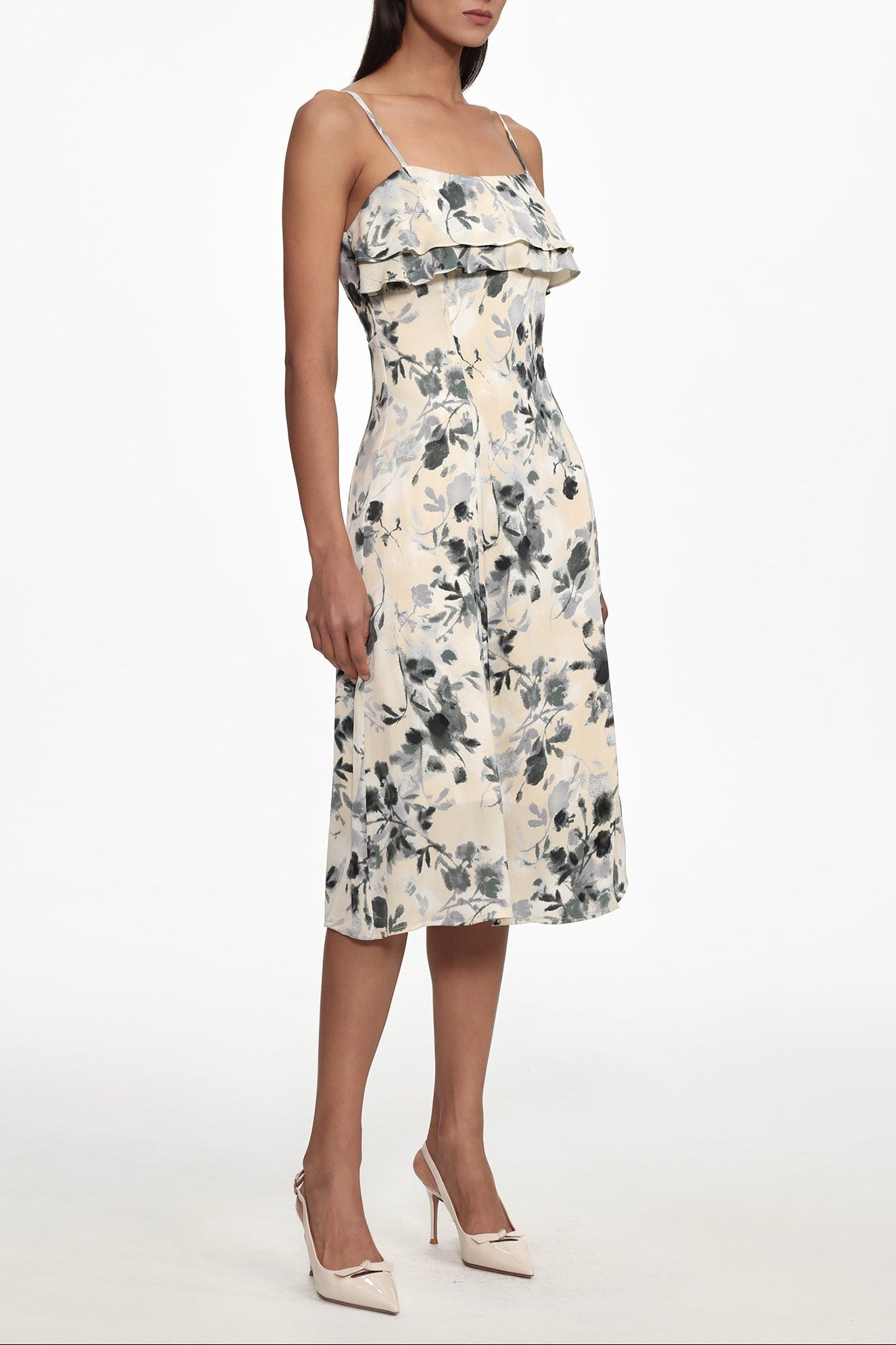 Cinched Waist Sleeveless Ruffle Floral Print Woven Midi Dress