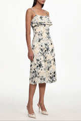 Cinched Waist Sleeveless Ruffle Floral Print Woven Midi Dress