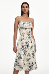 Cinched Waist Sleeveless Ruffle Floral Print Woven Midi Dress