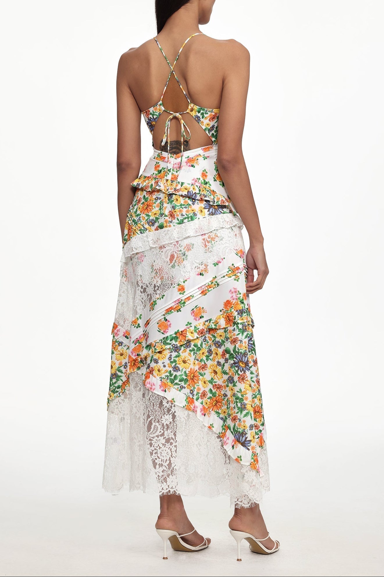 Flowy V Neck Floral Print Lace Woven Maxi Dress