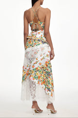 Flowy V Neck Floral Print Lace Woven Maxi Dress