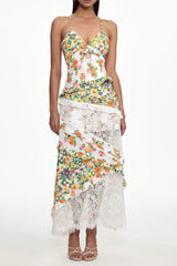 Flowy V Neck Floral Print Lace Woven Maxi Dress