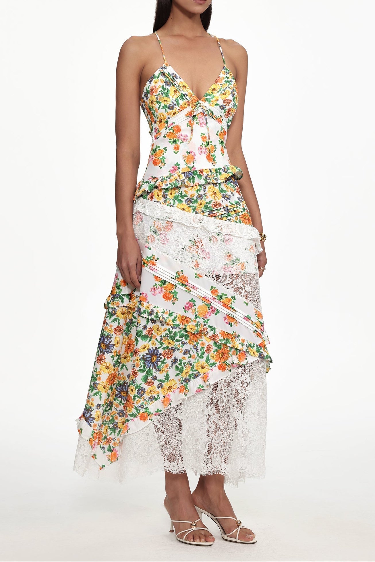 Flowy V Neck Floral Print Lace Woven Maxi Dress