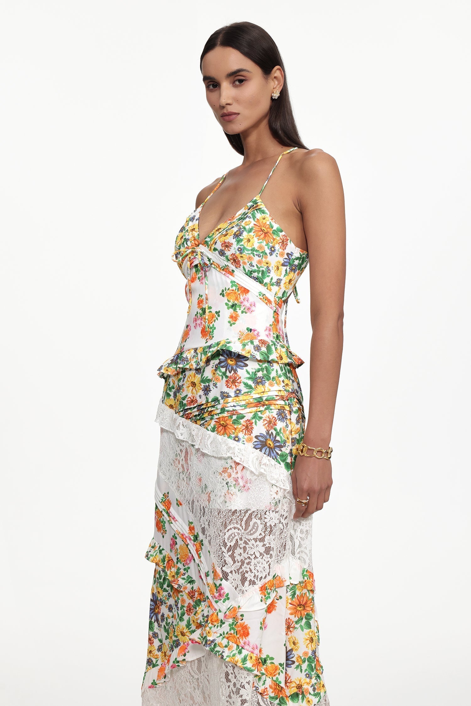 Flowy V Neck Floral Print Lace Woven Maxi Dress