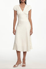 Cinched Waist V Neck Short Sleeve Lace Woven Maxi Dress