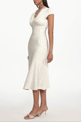 Cinched Waist V Neck Short Sleeve Lace Woven Maxi Dress
