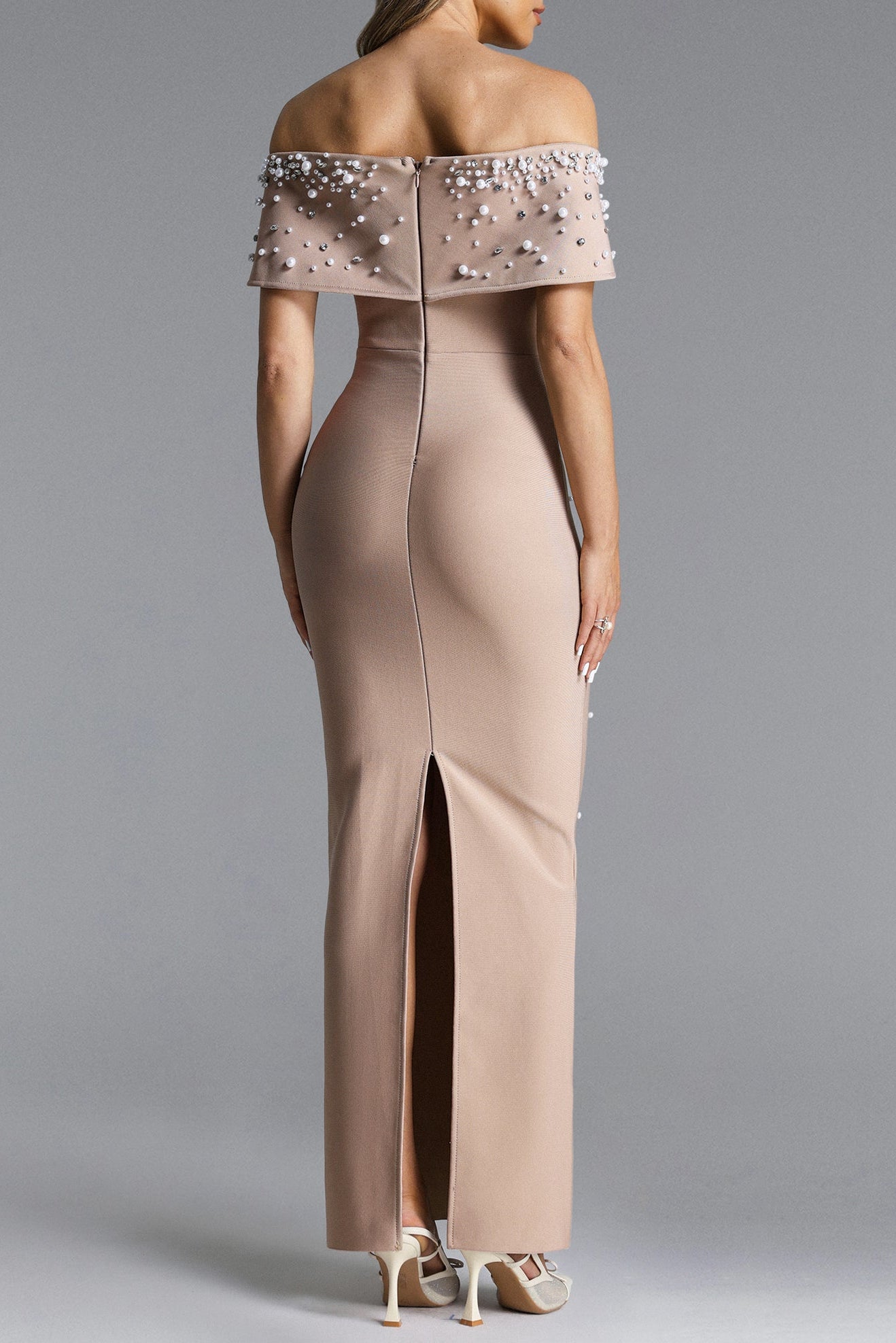 Nude Embellished Off-Shoulder Maxi Gown