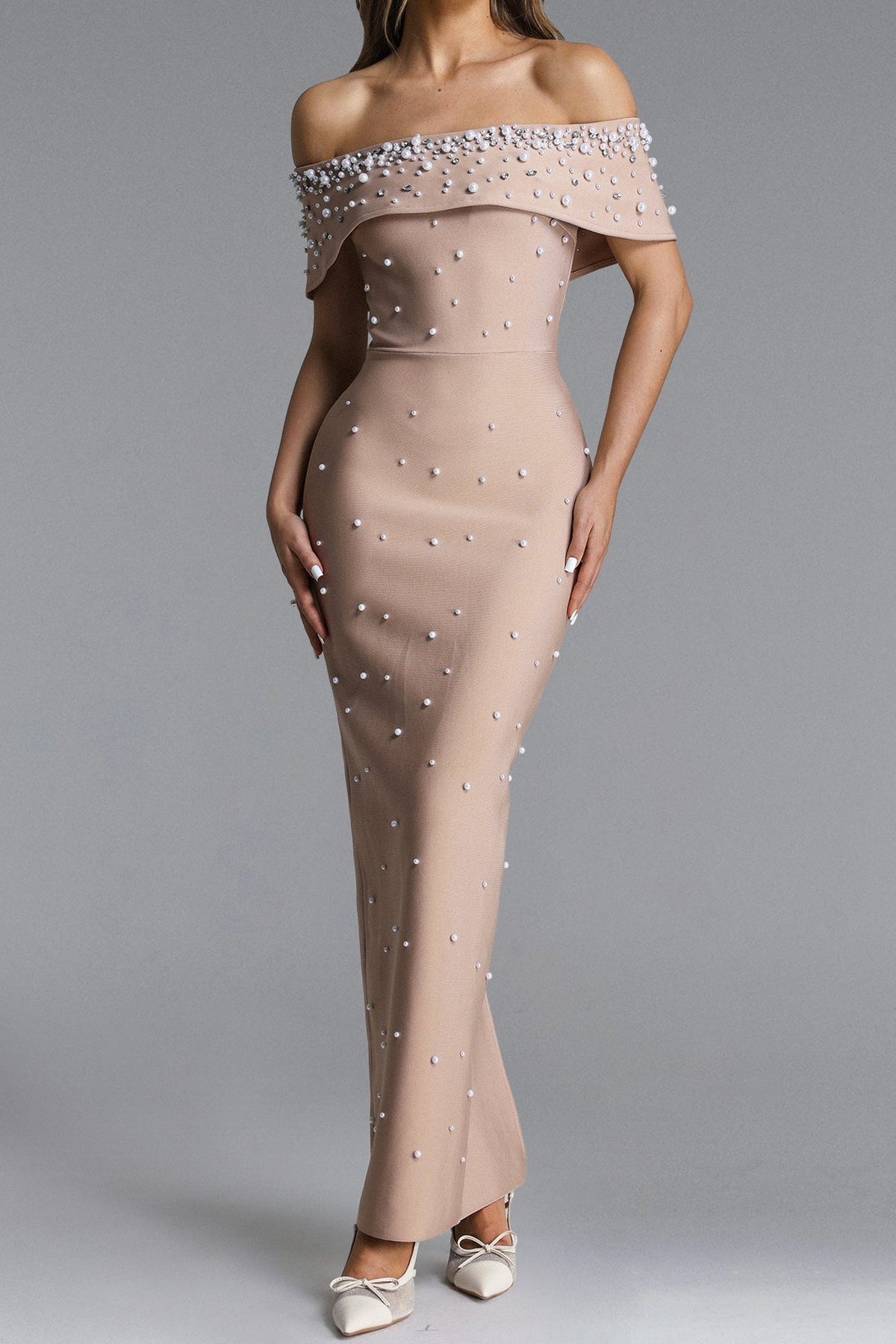 Nude Embellished Off-Shoulder Maxi Gown