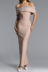 Nude Embellished Off-Shoulder Maxi Gown