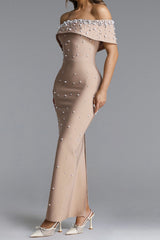 Nude Embellished Off-Shoulder Maxi Gown