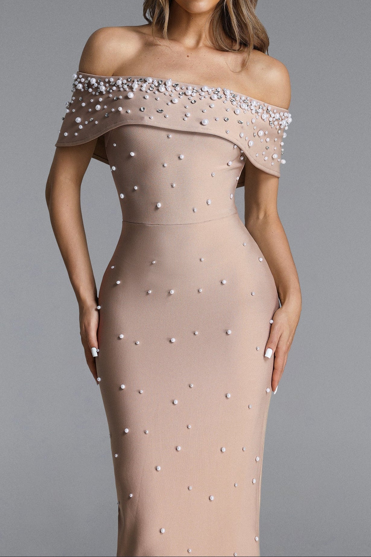 Nude Embellished Off-Shoulder Maxi Gown