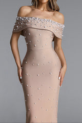 Nude Embellished Off-Shoulder Maxi Gown