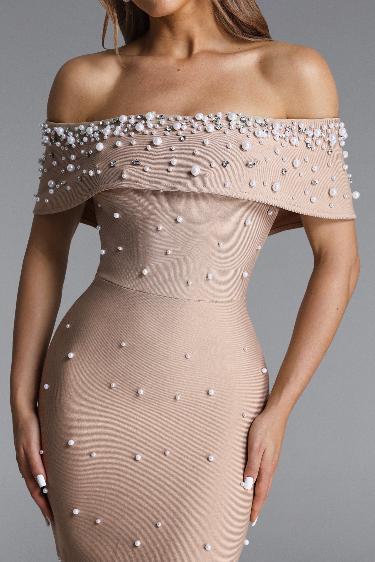 Nude Embellished Off-Shoulder Maxi Gown