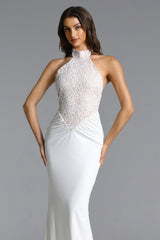 Fahrenheit White Halter Ruched Lace Maxi Dress