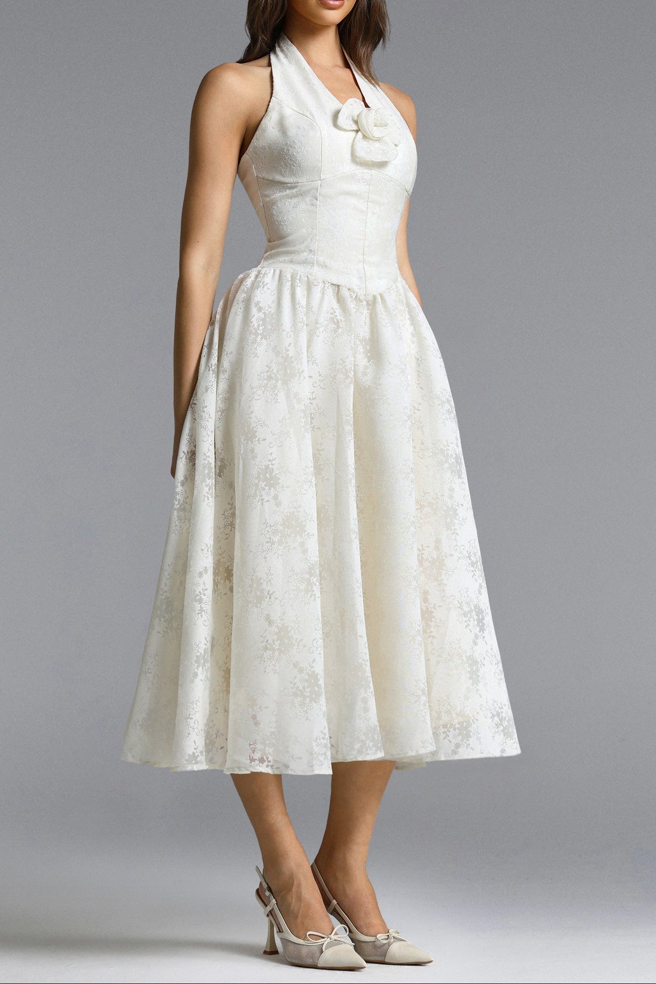 White Halter Floral Midi Dress