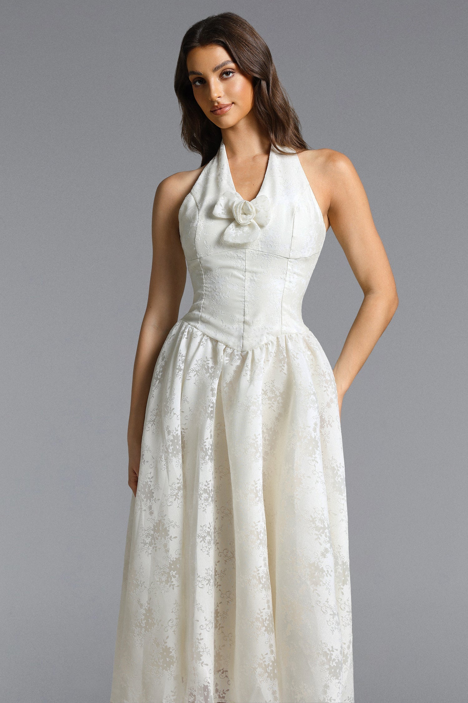 White Halter Floral Midi Dress