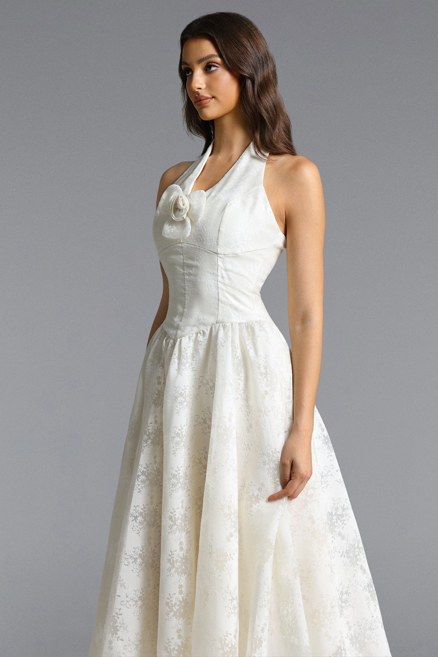 White Halter Floral Midi Dress