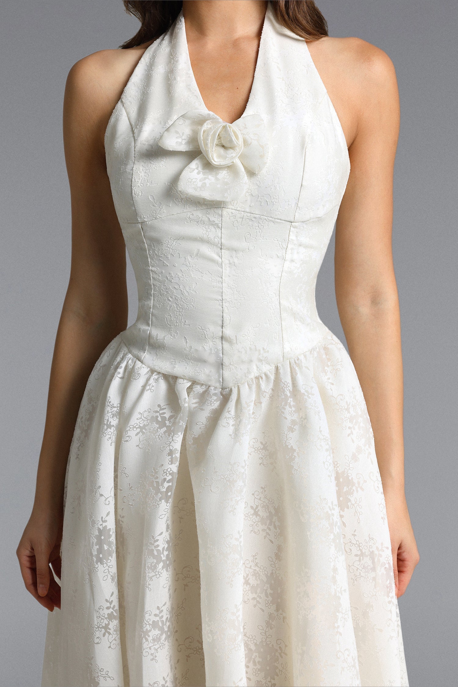 White Halter Floral Midi Dress