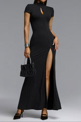 High Neck Rhinestone Trim Short Sleeve High Maxi Dress