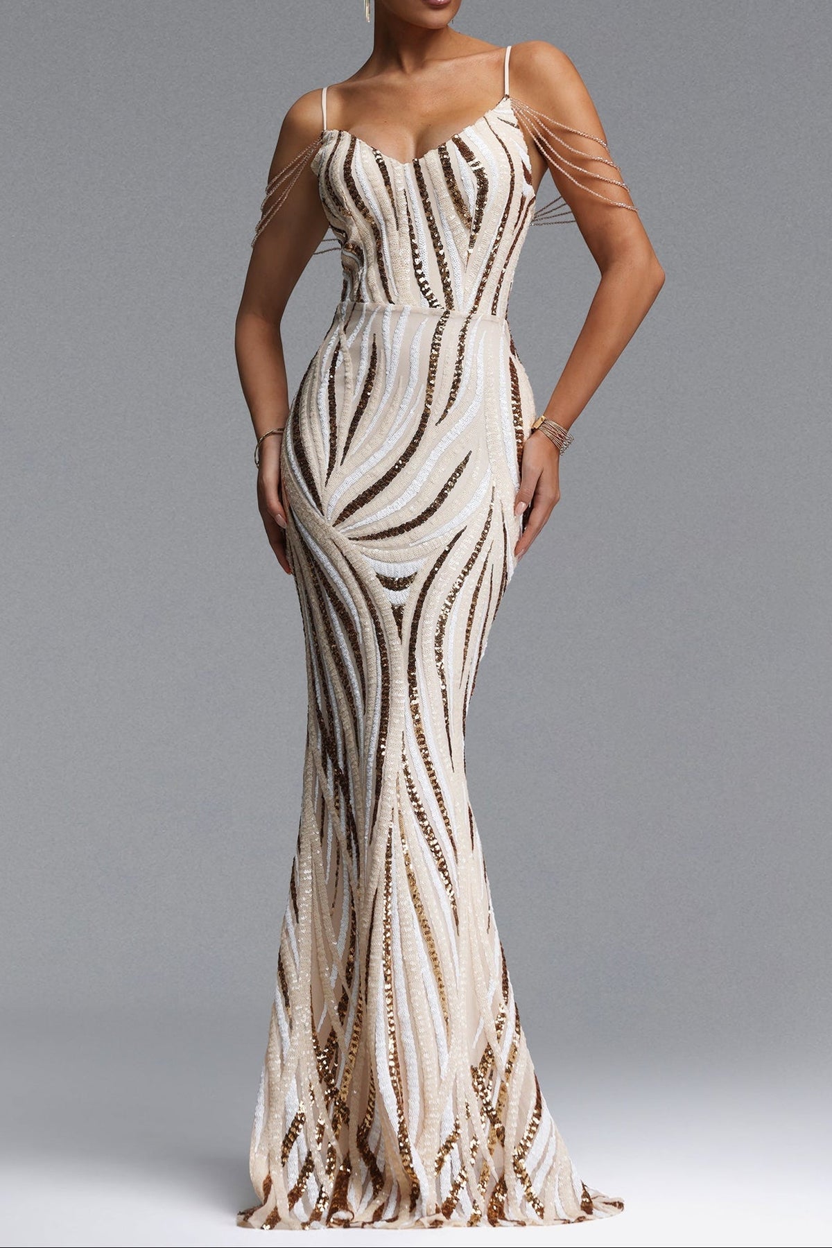 Champagne Linear Sequin Strap Maxi Evening Gown