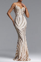 Champagne Linear Sequin Strap Maxi Evening Gown