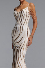 Champagne Linear Sequin Strap Maxi Evening Gown